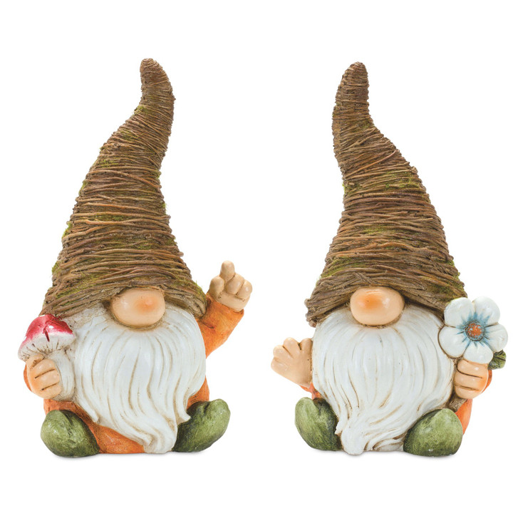 16.5" Flower and Mushroom Gnome Statues, Set of 2