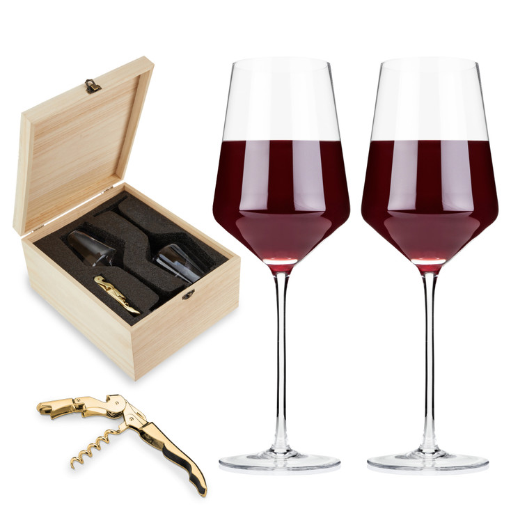 Angled Crystal Wine Glasses and Corkscrew Gift Box Set