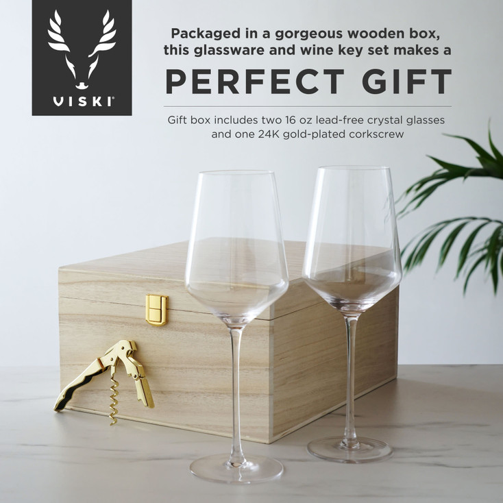 Angled Crystal Wine Glasses and Corkscrew Gift Box Set