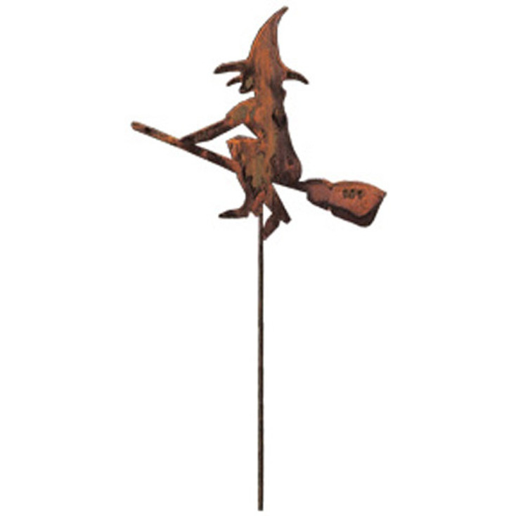 Witch & Broom Rusted Metal Garden Stake