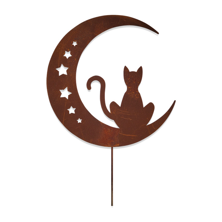 Cat on the Moon with Stars Rusted Metal Garden Stake