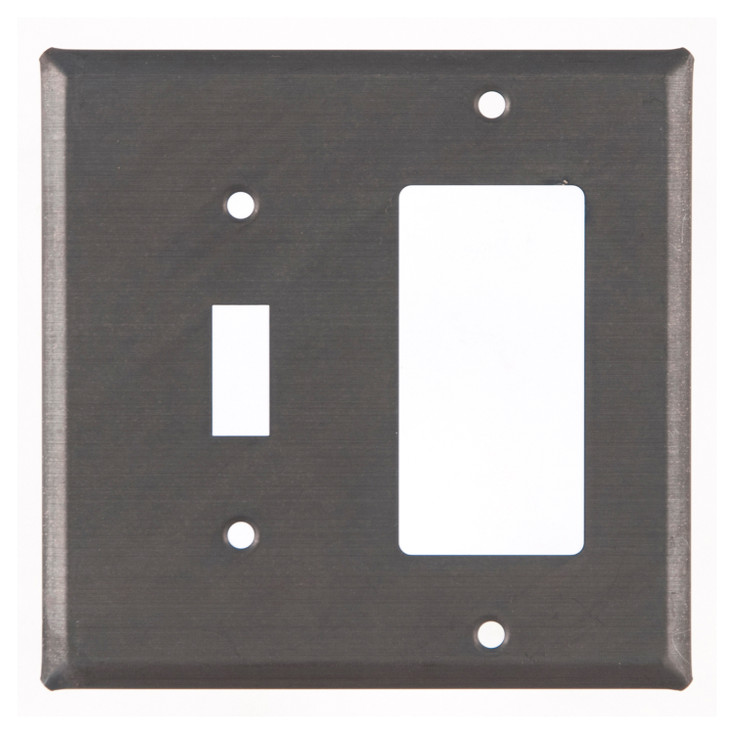 Double Combo Plain Single Toggle & Single Rocker (GFCI) Tin Switch Plate Cover in Blackened Tin