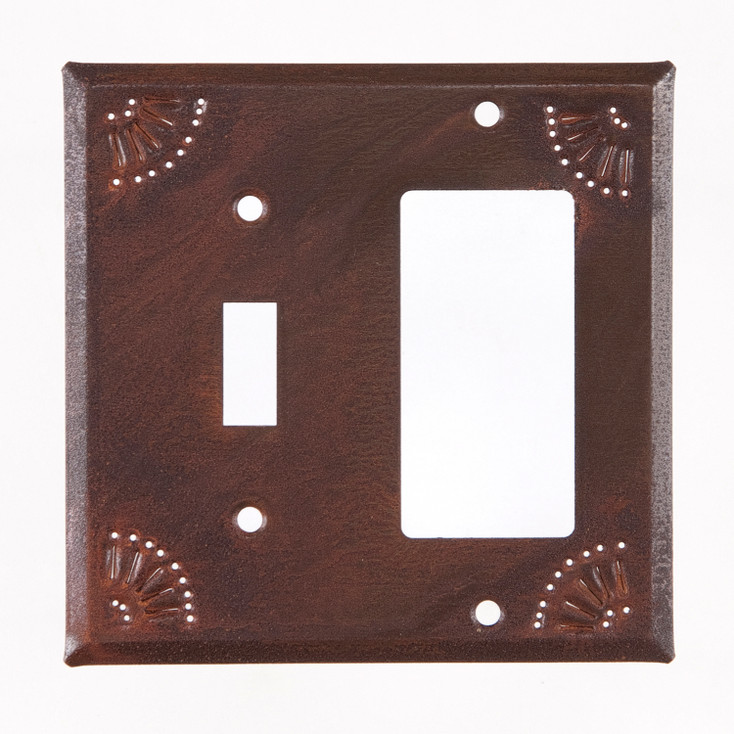 Double Combo Chisel Punched Single Toggle & Single Rocker (GFCI) Tin Switch Plate Cover in Rustic Tin
