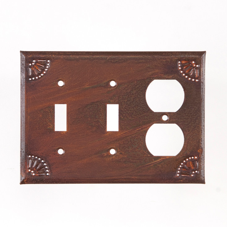 Triple Combo Chisel Punched Double Toggle & Single Outlet Tin Switch Plate Cover in Rustic Tin