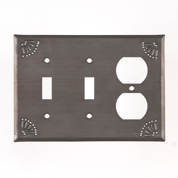 Triple Combo Chisel Punched Double Toggle & Single Outlet Tin Switch Plate Cover in Blackened Tin