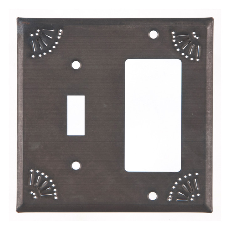 Double Combo Chisel Punched Single Toggle & Single Rocker (GFCI) Tin Switch Plate Cover in Blackened Tin