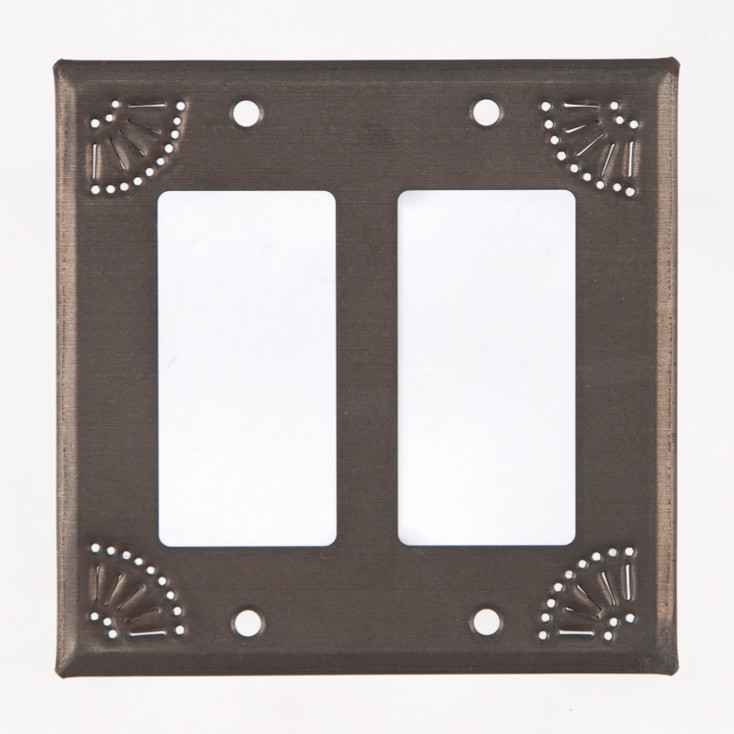 Chisel Punched Double Rocker (GFCI) Tin Switch Plate Cover in Blackened Tin