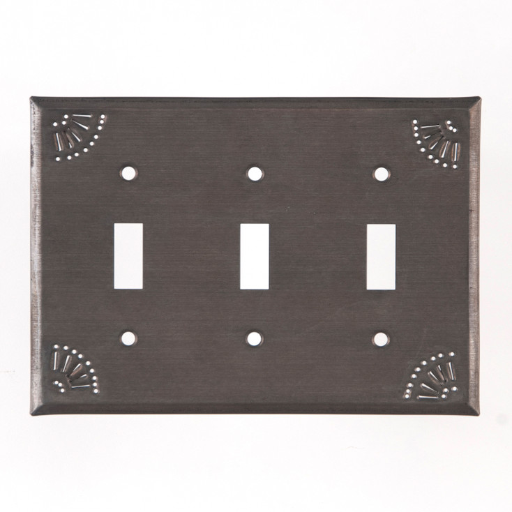 Chisel Punched Triple Toggle Tin Switch Plate Cover in Blackened Tin