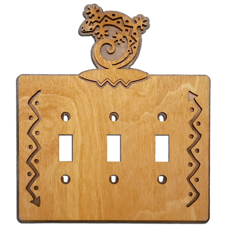 C Shaped Gecko Lizard Triple Toggle Arrows Metal & Wood Switch Plate Cover