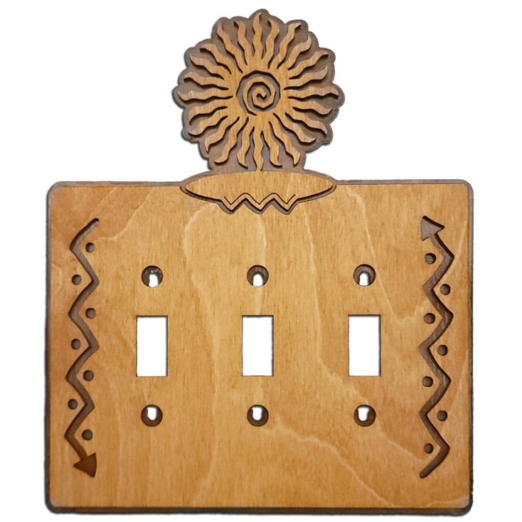 24 Point Sunburst Triple Toggle Arrows Metal & Wood Switch Plate Cover