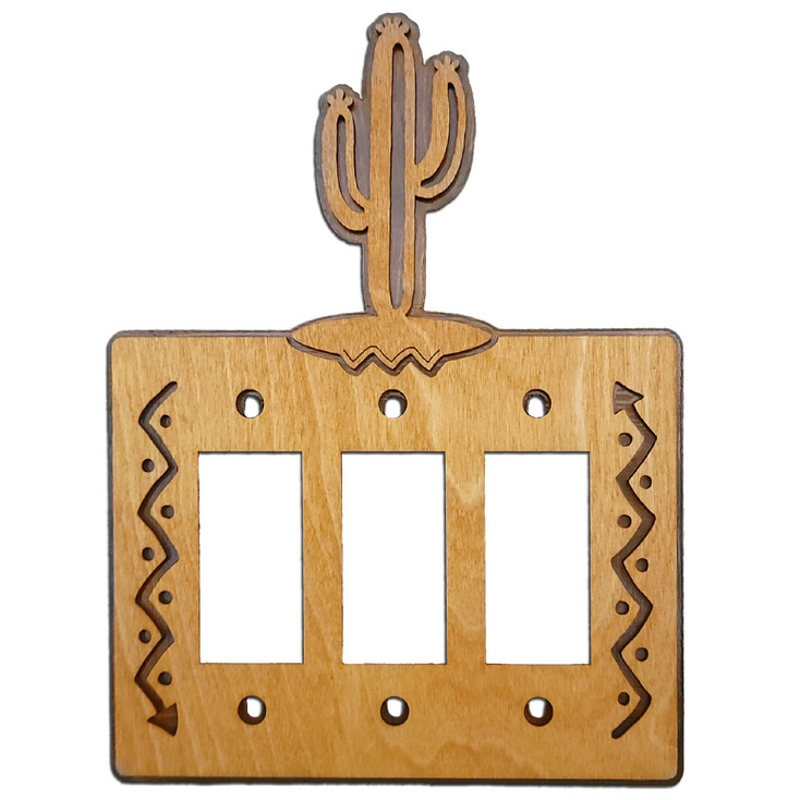Saguaro Cactus Triple Rocker (GFCI) Arrows Metal & Wood Switch Plate Cover