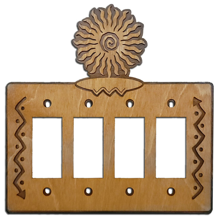 24 Point Sunburst Quad Rocker (GFCI) Arrows Metal & Wood Switch Plate Cover