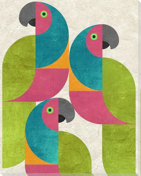 Birds of a Feather 4 Parrots Wrapped Canvas Giclee Art Print Wall Art