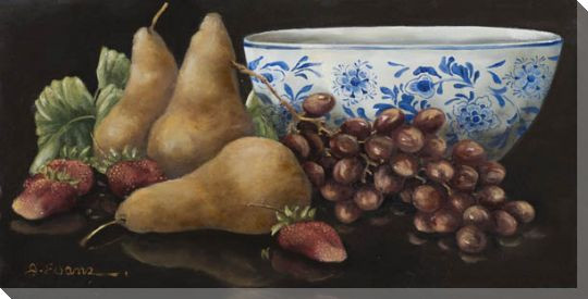Pears Strawberries and Grapes Around a Bowl Wrapped Canvas Print