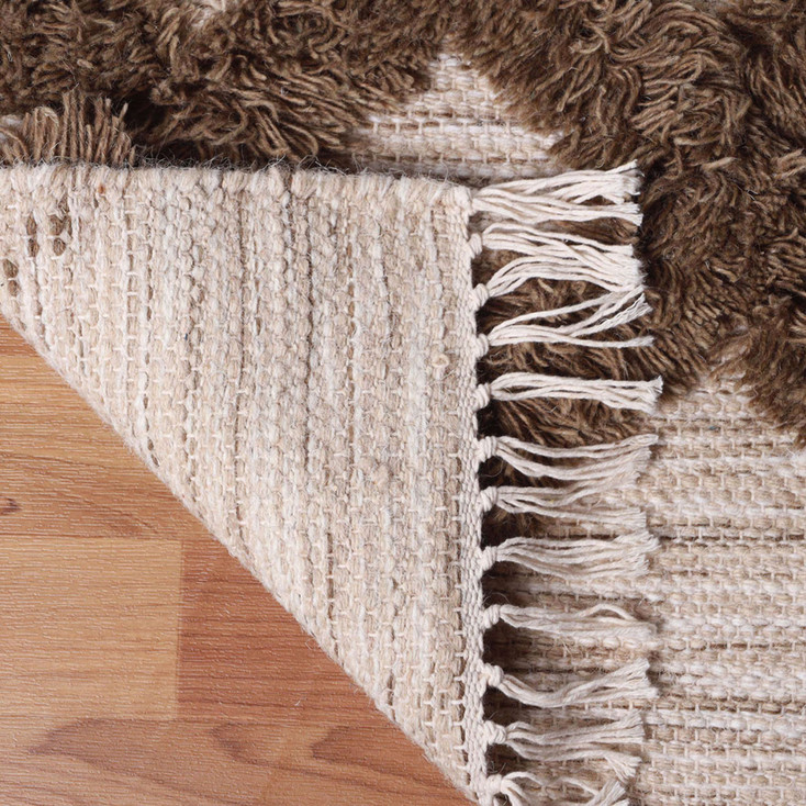2' x 10' Sand and Taupe Wool Geometric Flat Weave Handmade Runner Rug with Fringe