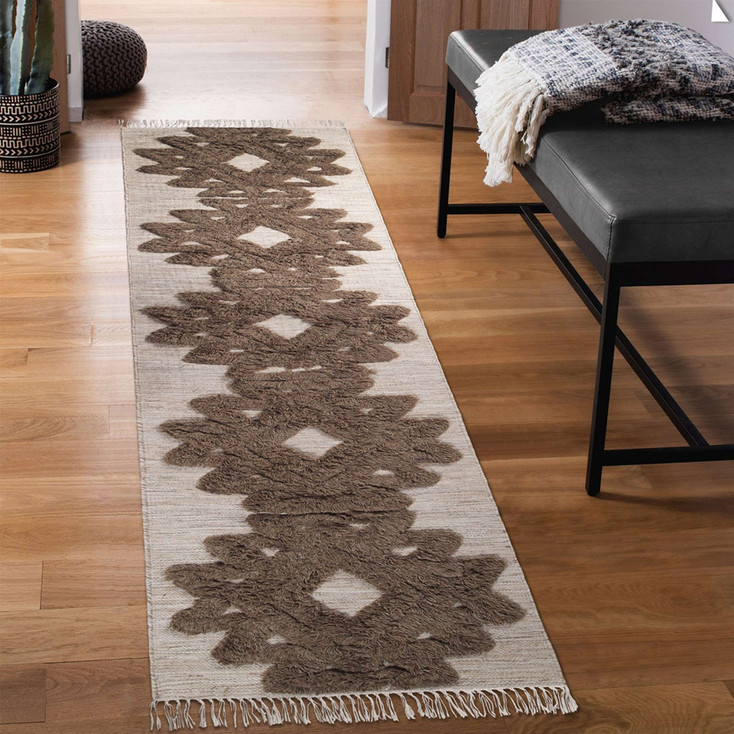 2' x 10' Sand and Taupe Wool Geometric Flat Weave Handmade Runner Rug with Fringe