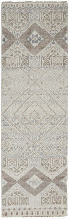 2' x 10' Gray Ivory and Pink Geometric Hand Knotted Runner Rug