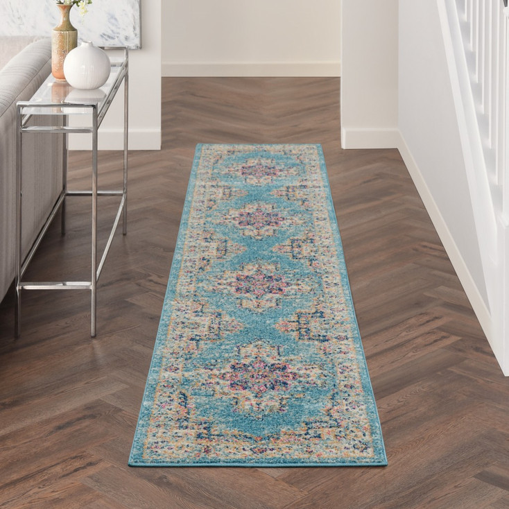 2' x 10' Light Blue Southwestern Power Loom Runner Rug