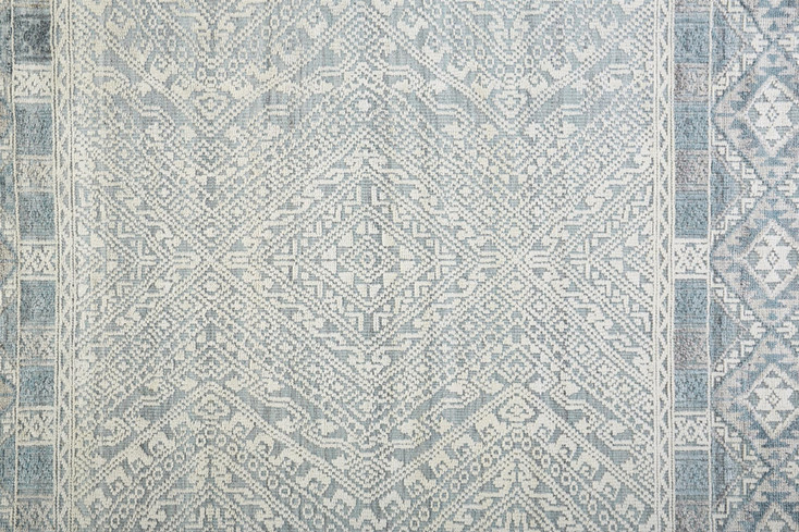 2' x 10' Ivory Blue and Gray Geometric Hand Knotted Runner Rug