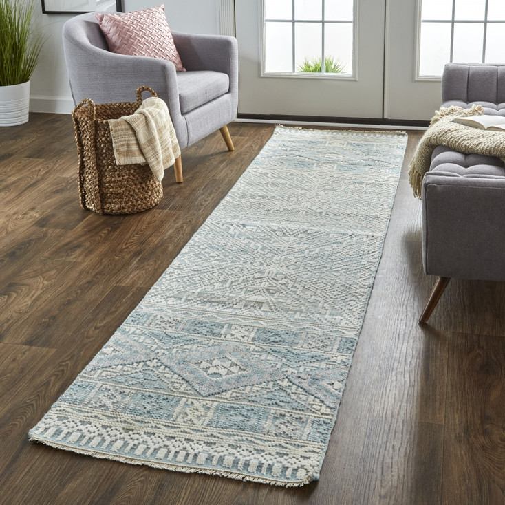 2' x 10' Ivory Blue and Gray Geometric Hand Knotted Runner Rug