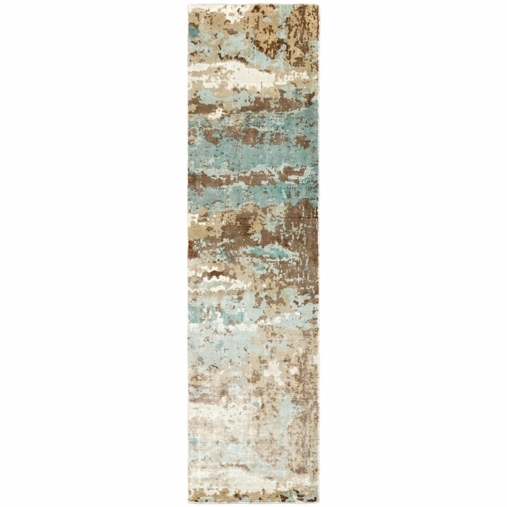 2' x 10' Blue and Brown Abstract Hand Loomed Stain Resistant Runner Rug