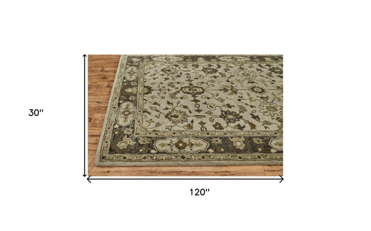 2' x 10' Gray Ivory and Taupe Wool Floral Tufted Handmade Stain Resistant Runner Rug