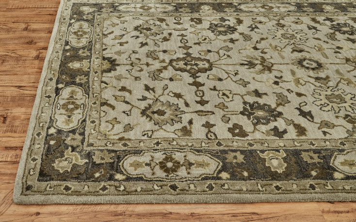 2' x 10' Gray Ivory and Taupe Wool Floral Tufted Handmade Stain Resistant Runner Rug