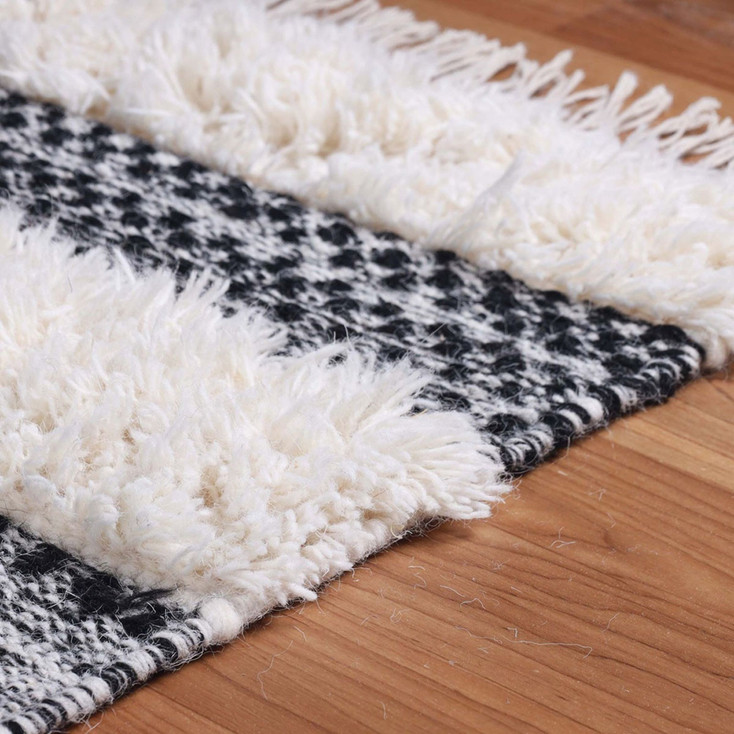 2' x 10' Black and Ivory Wool Striped Flat Weave Handmade Runner Rug with Fringe
