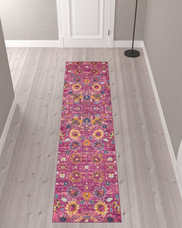 2' x 10' Pink Floral Power Loom Runner Rug