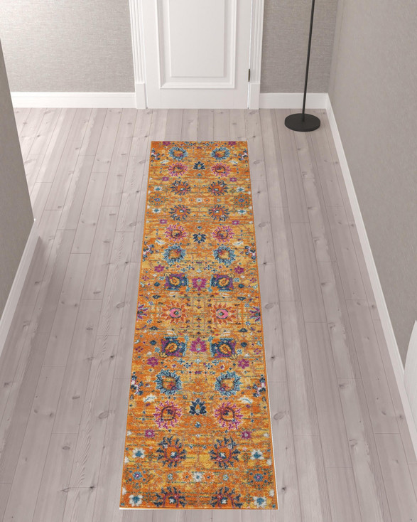 2' x 10' Gold Floral Power Loom Runner Rug