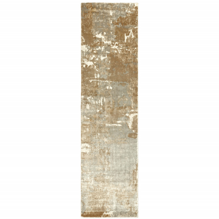 2' x 10' Grey and Brown Abstract Hand Loomed Stain Resistant Runner Rug