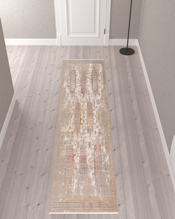 2' x 10' Beige Faded Tribal Motifs Runner Rug
