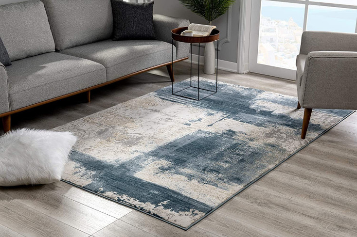 2' x 10' Blue and Ivory Abstract Dhurrie Runner Rug