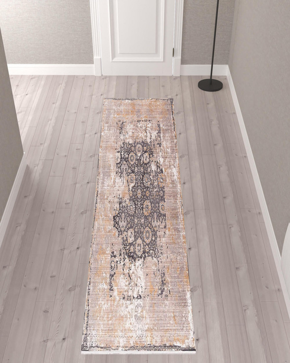 2' x 10' Gray Washed Out Persian Runner Rug