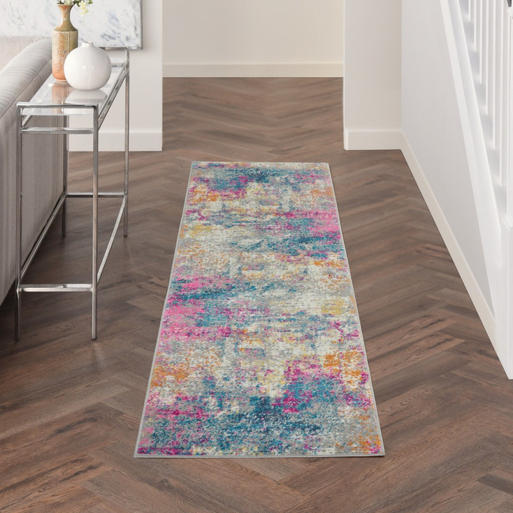 2' x 10' Blue & Pink Abstract Power Loom Runner Rug