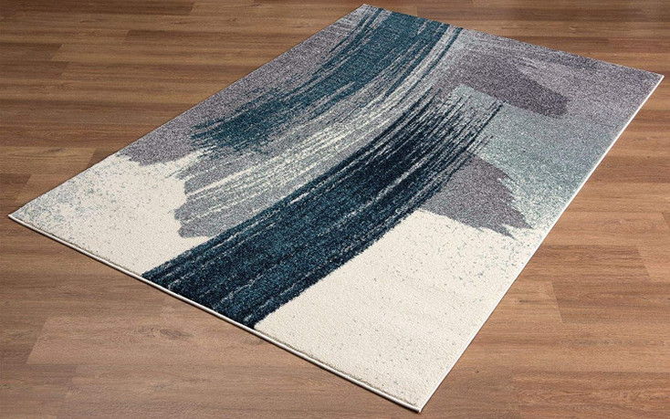 2' x 10' White and Blue Abstract Power Loom Stain Resistant Area Rug