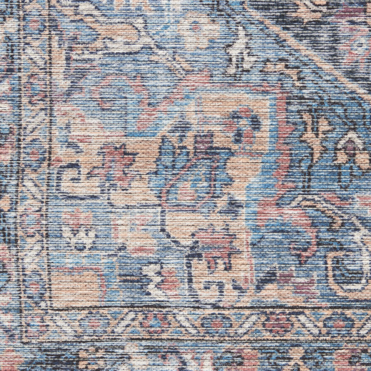 2' x 10' Blue Floral Power Loom Distressed Washable Runner Rug