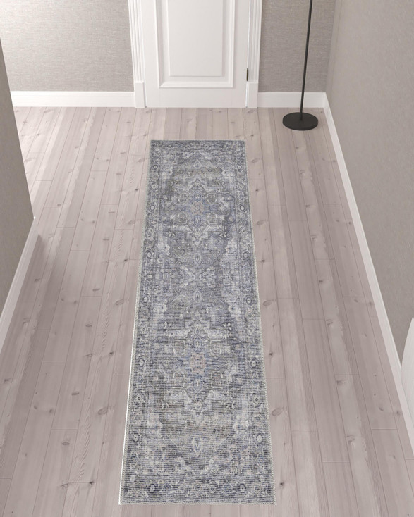 2' x 10' Gray Floral Power Loom Distressed Washable Runner Rug