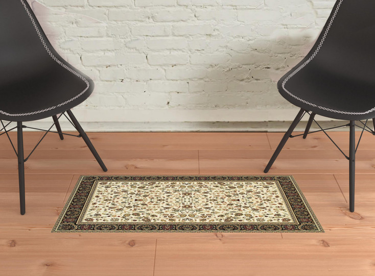 2' x 3' Ivory and Black Oriental Power Loom Stain Resistant Area Rug