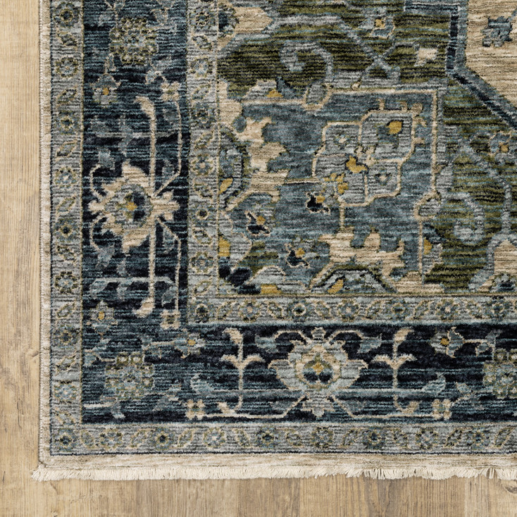 2' x 3' Blue Grey Beige Tan Green and Gold Oriental Power Loom Area Rug with Fringe