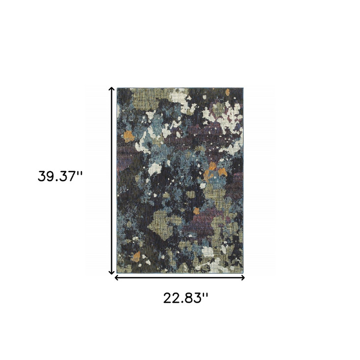 2' x 3' Navy and Green Abstract Power Loom Stain Resistant Area Rug