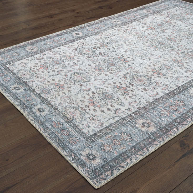 2' x 3' Ivory and Blue Oriental Power Loom Stain Resistant Area Rug