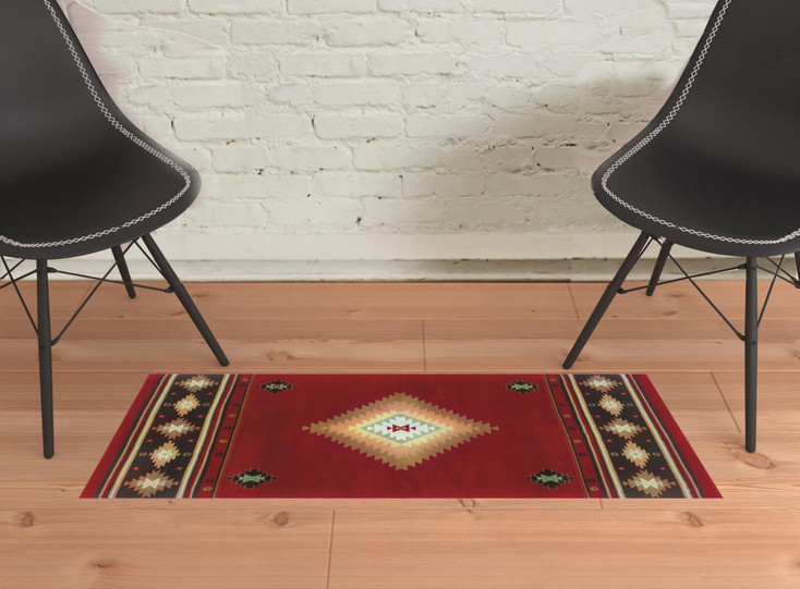 2' x 3' Red and Beige Ikat Pattern Scatter Rug