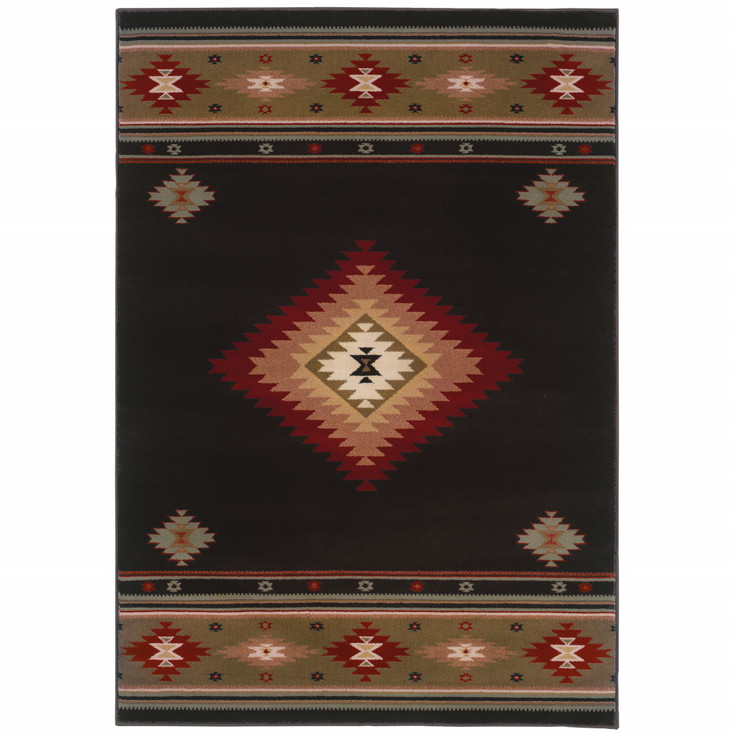 2' x 3' Black and Green Southwestern Power Loom Stain Resistant Area Rug