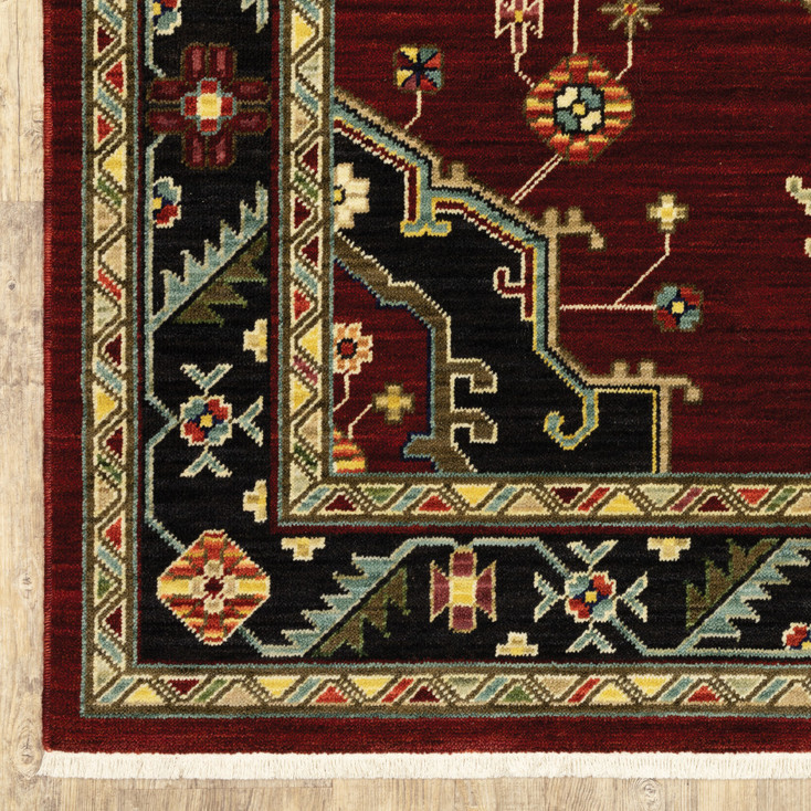 2' x 3' Red Black Beige and Blue Oriental Power Loom Area Rug with Fringe