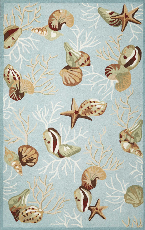 2' x 3' Blue Hand Hooked Sea Shells Indoor Accent Rug