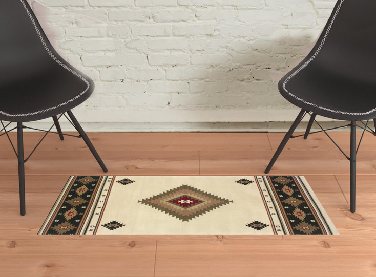 2' x 3' Beige Southwestern Power Loom Stain Resistant Area Rug