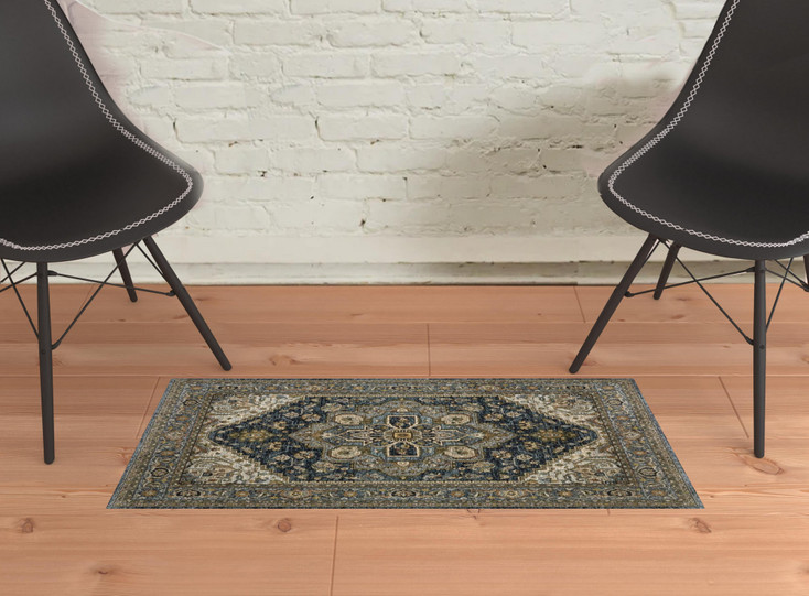 2' x 3' Blue Taupe Grey Green Rust Tan Beige and Gold Oriental Power Loom Area Rug