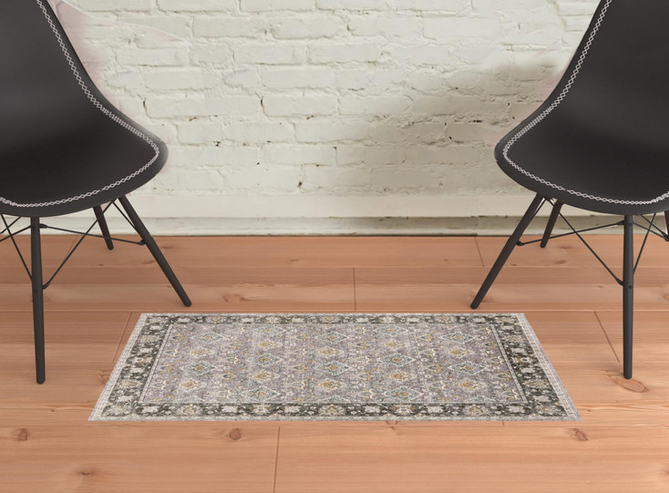 2' x 3' Grey and Blue Oriental Power Loom Stain Resistant Area Rug with Fringe