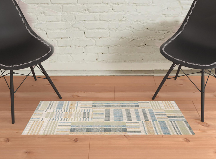 2' x 3' Green Grey and Ivory Geometric Power Loom Stain Resistant Area Rug